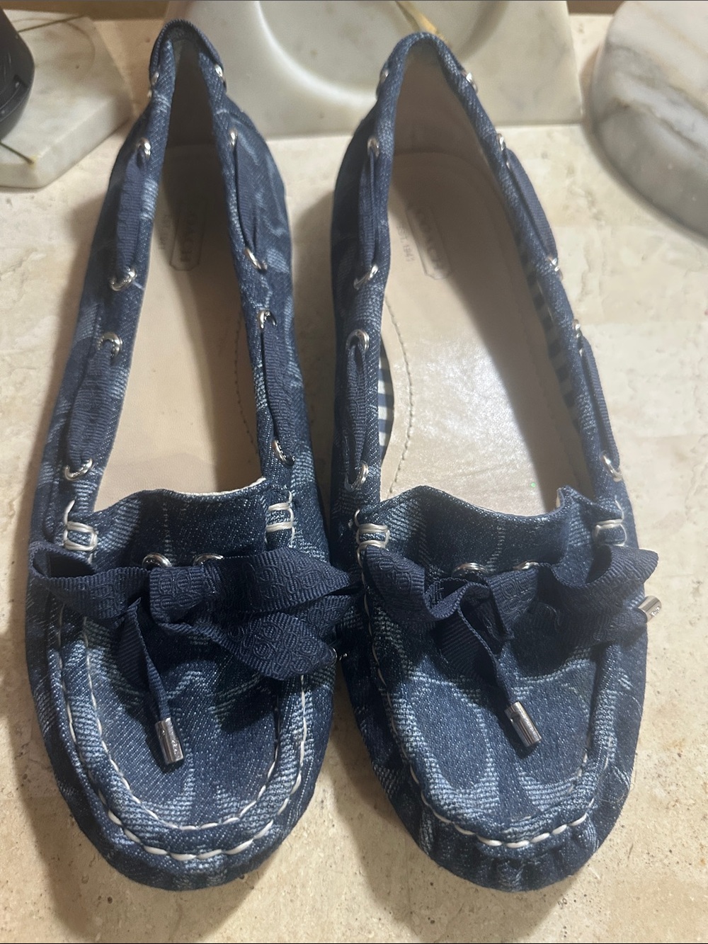 Coach Navy Blue Logo Bow Moccasin Flats